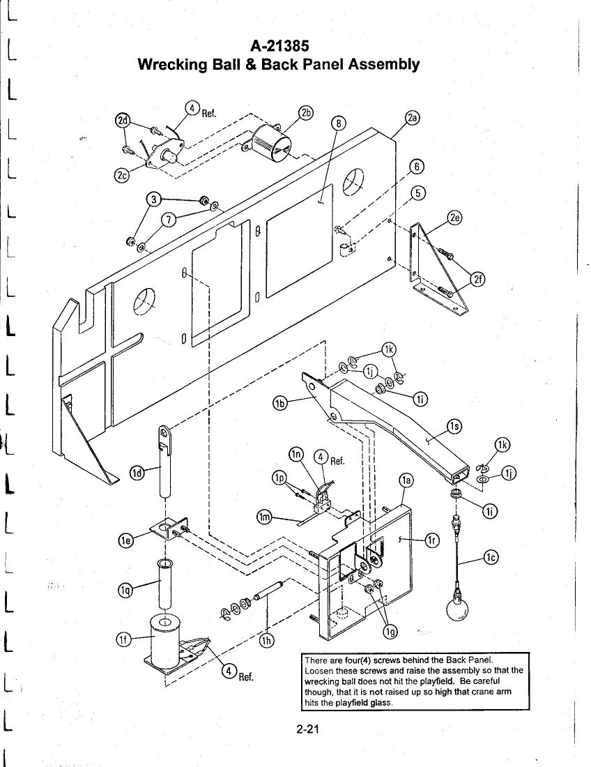 Exploded drawing from the Williams manual of the wrecking ball and back panel assembly A-21385: the crane arm, pivot, motor bracket, chain and ball.