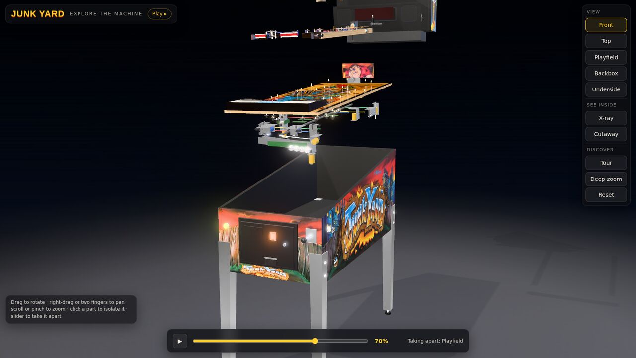 The explorer at 70 percent explode: the backbox lifted high above, the playfield with all its toys raised off the cabinet, and the mechanisms hanging underneath.