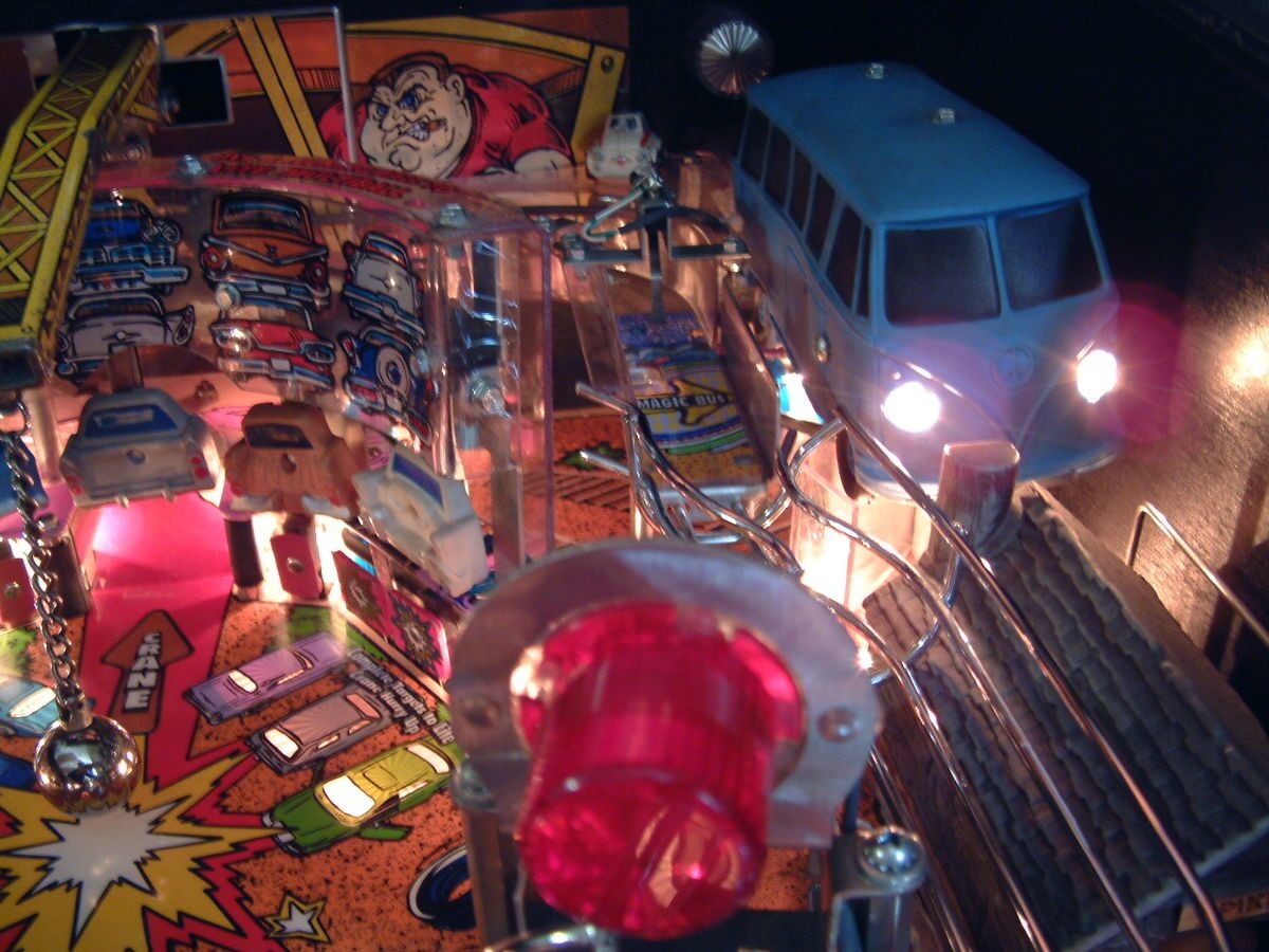 The real light-blue Magic Bus next to the red beacon dome.