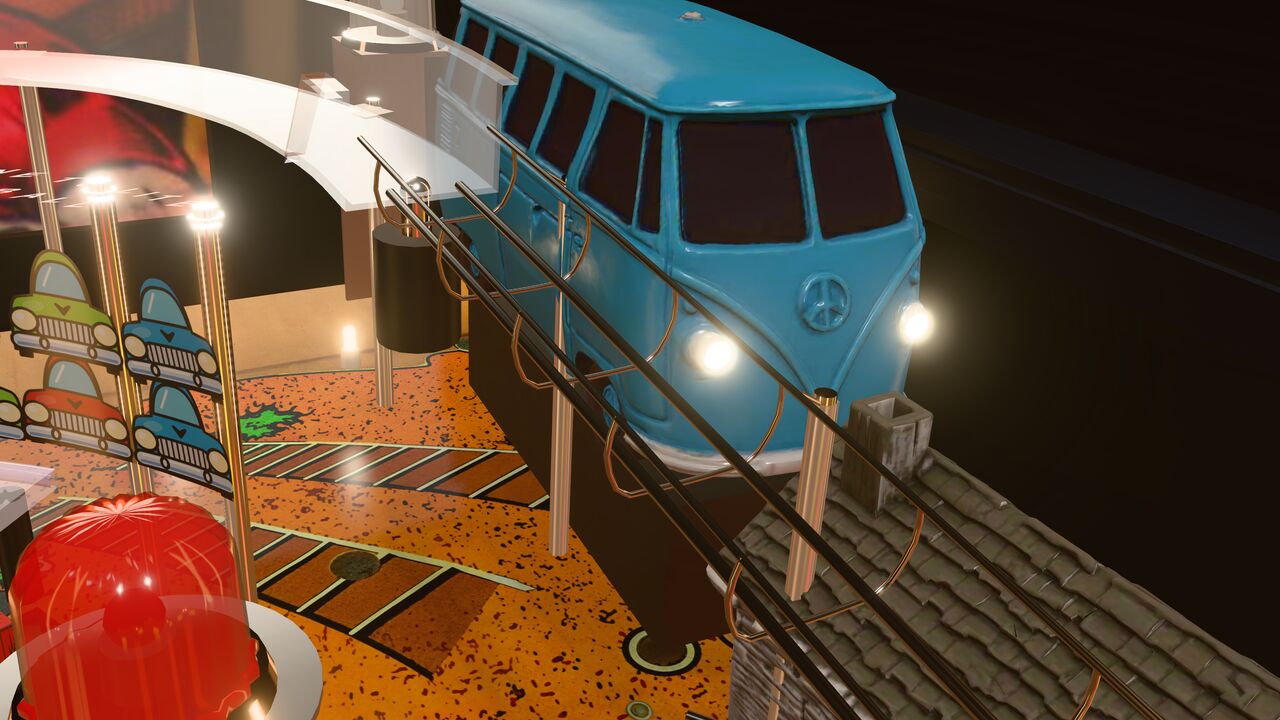The Magic Bus beside the red beacon.