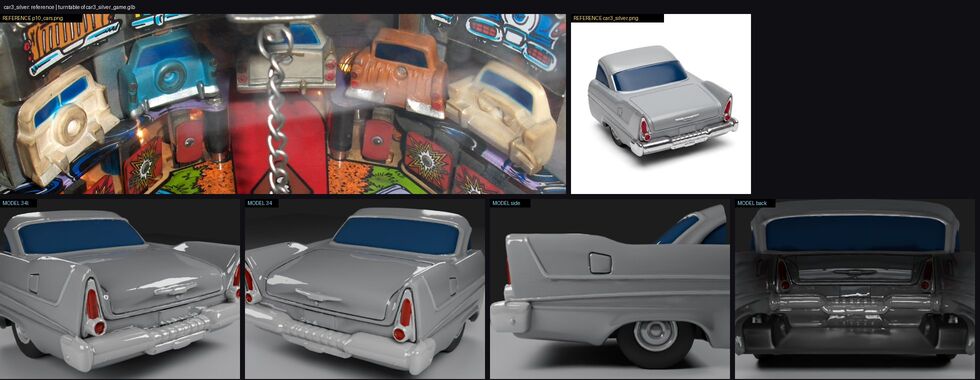 Review sheet of the silver car target: the crane photo and a product photo above, our model below.