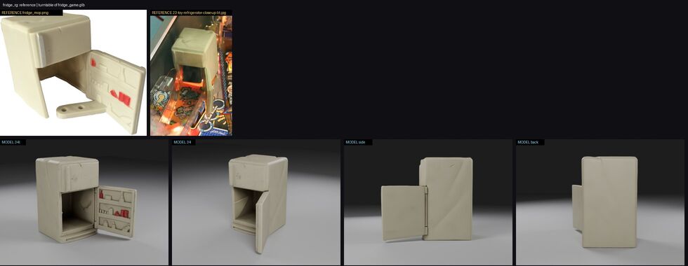 Review sheet of the fridge: a product photo and a photo on the machine above, our cream fridge with its open door below.