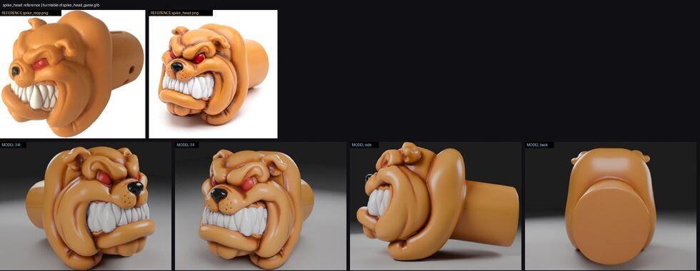 Review sheet of Spike's head: reference photos above and four views of our model below.