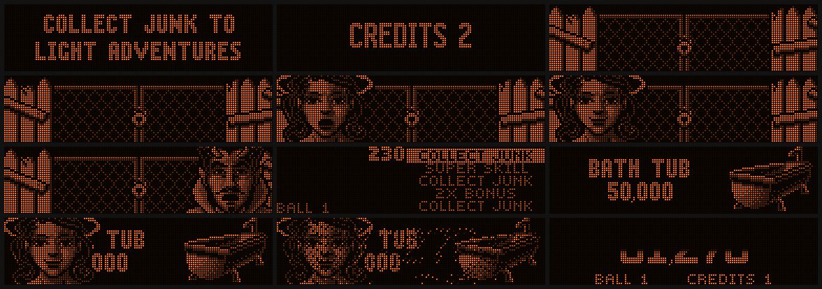 Real frames from the original Junk Yard program on the orange dot-matrix display: Collect junk to light adventures, the girl behind a fence, Bath Tub 50,000.